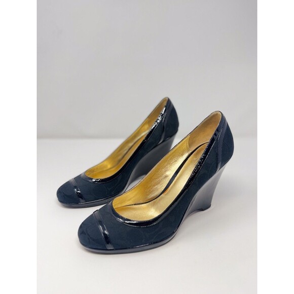 Coach Sandals Blue Leather Kerryann Signature Slip On Wedge Heel Pump US 10 B - Picture 5 of 9